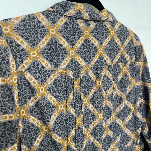 Maeve Button Front Collared Dress Gray Mustard Print Cotton Retro Boho Prairie - Picture 6 of 15